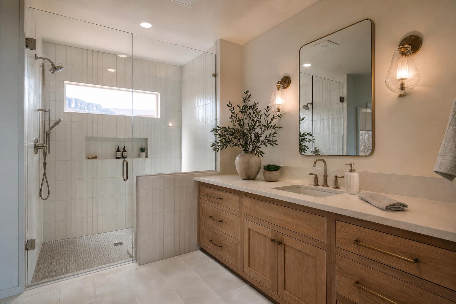 Beautifully remodeled bathroom with a glass walk-in shower and oak vanity